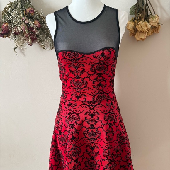 Rue 21 Whimsigoth Red and Black Damask Printed Skater Dress - Picture 2 of 7